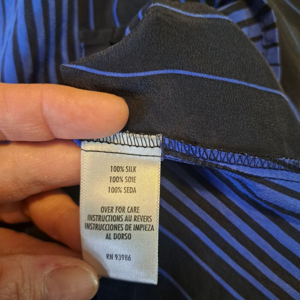 Casual Corner Vtg Women's 100% Silk Blue Black Striped Button-Down Shirt Size 14 - Picture 7 of 10